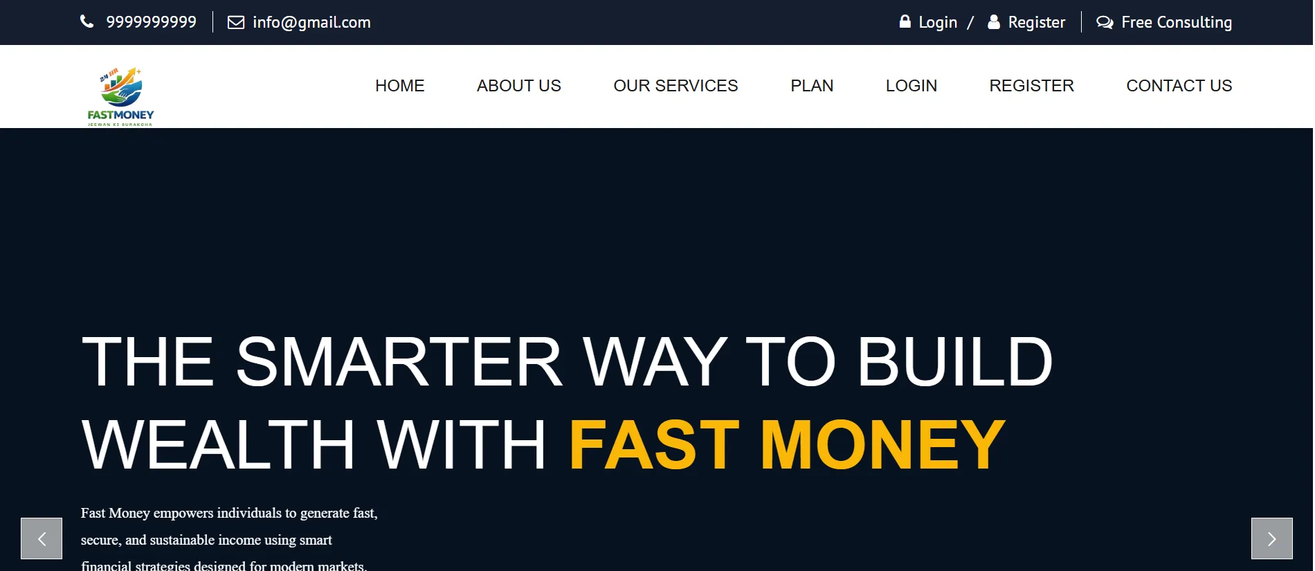 Fast Money website homepage showing wealth building platform and financial services interface