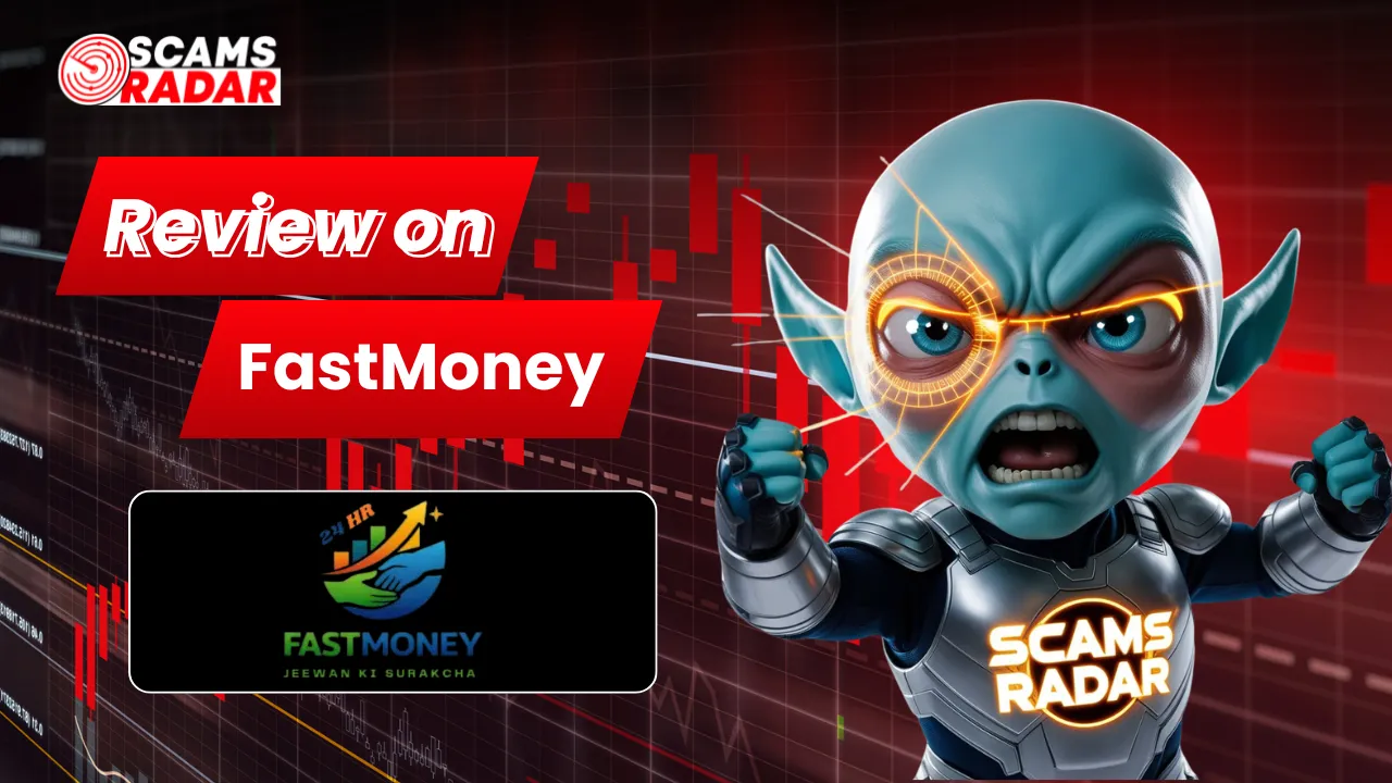 Fast Money review scam alert thumbnail with trading chart background and warning character