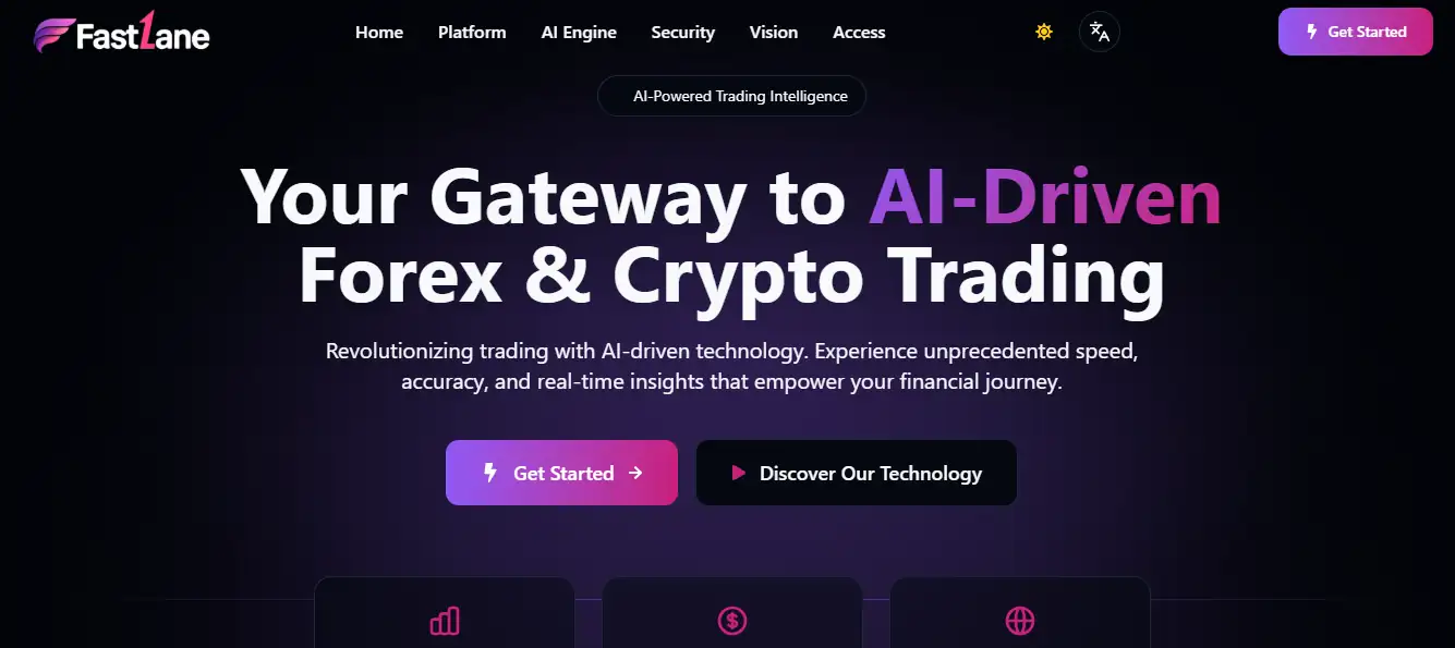 FastLane Review AI-powered forex and crypto trading platform homepage interface