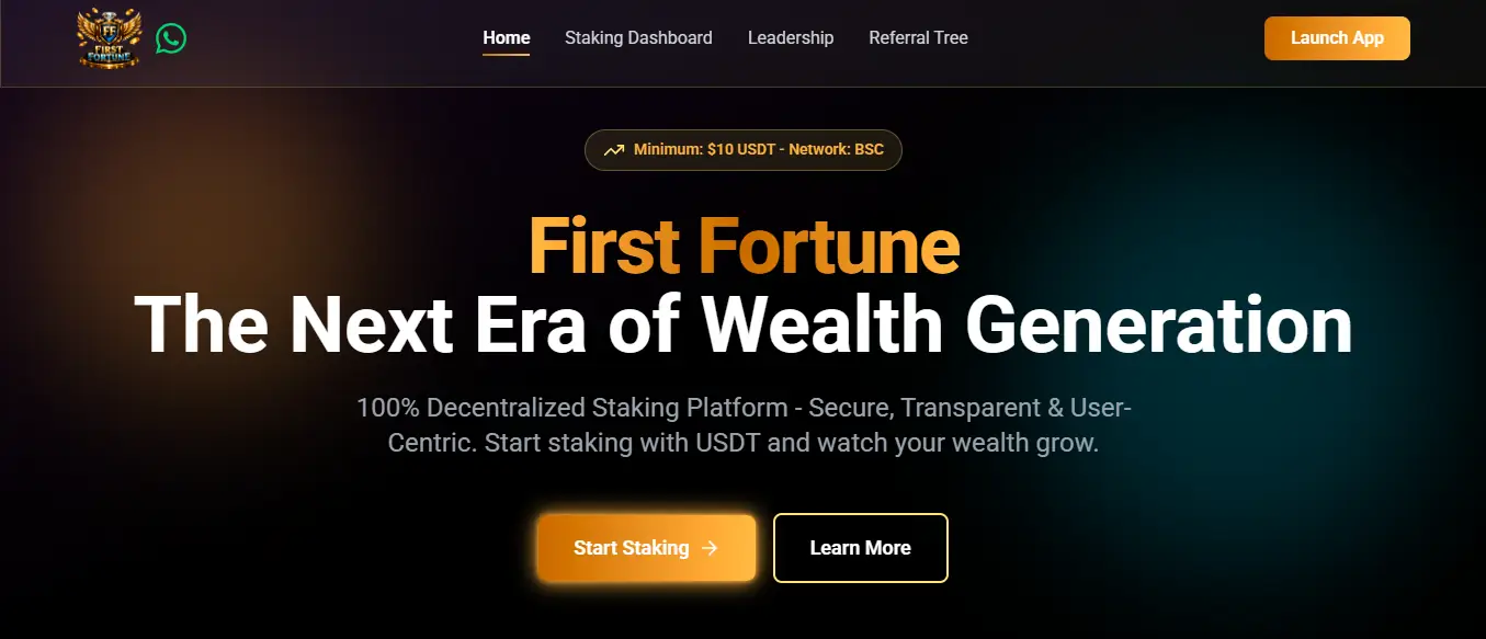 First Fortune decentralized staking platform dashboard showing USDT staking on BSC network for passive income and wealth generation