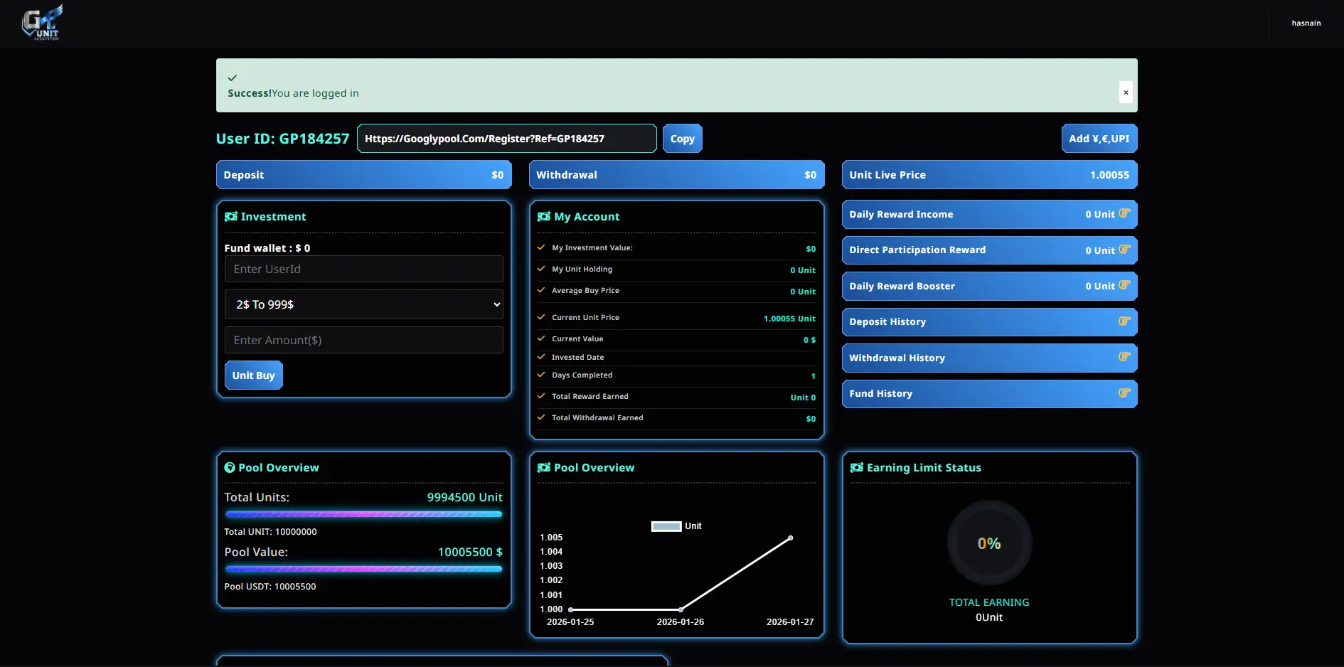 Googly Pool dashboard showing investment panel, withdrawal section, and earnings overview indicating potential scam platform interface