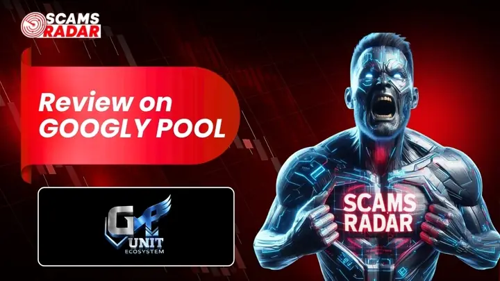 Googly Pool scam review image showing scam alert warning by Scams Radar with crypto ecosystem branding