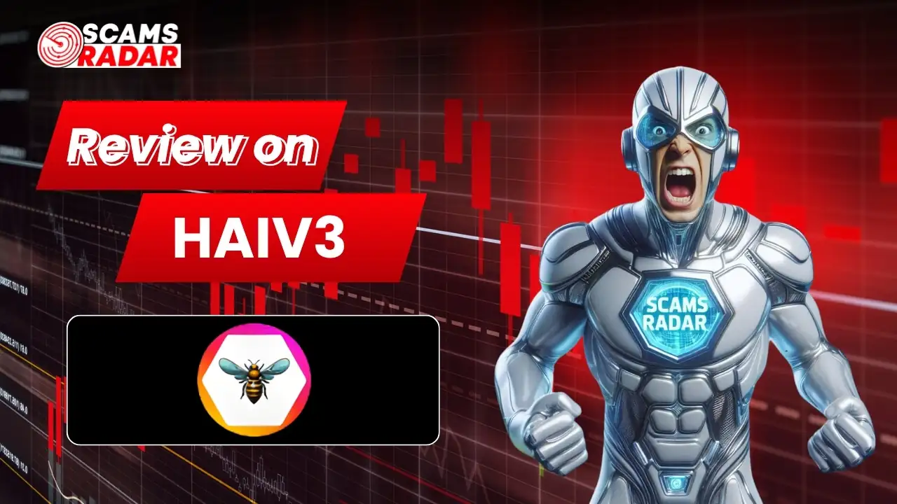 HAIV3 Review thumbnail with scam warning, trading charts, and futuristic character