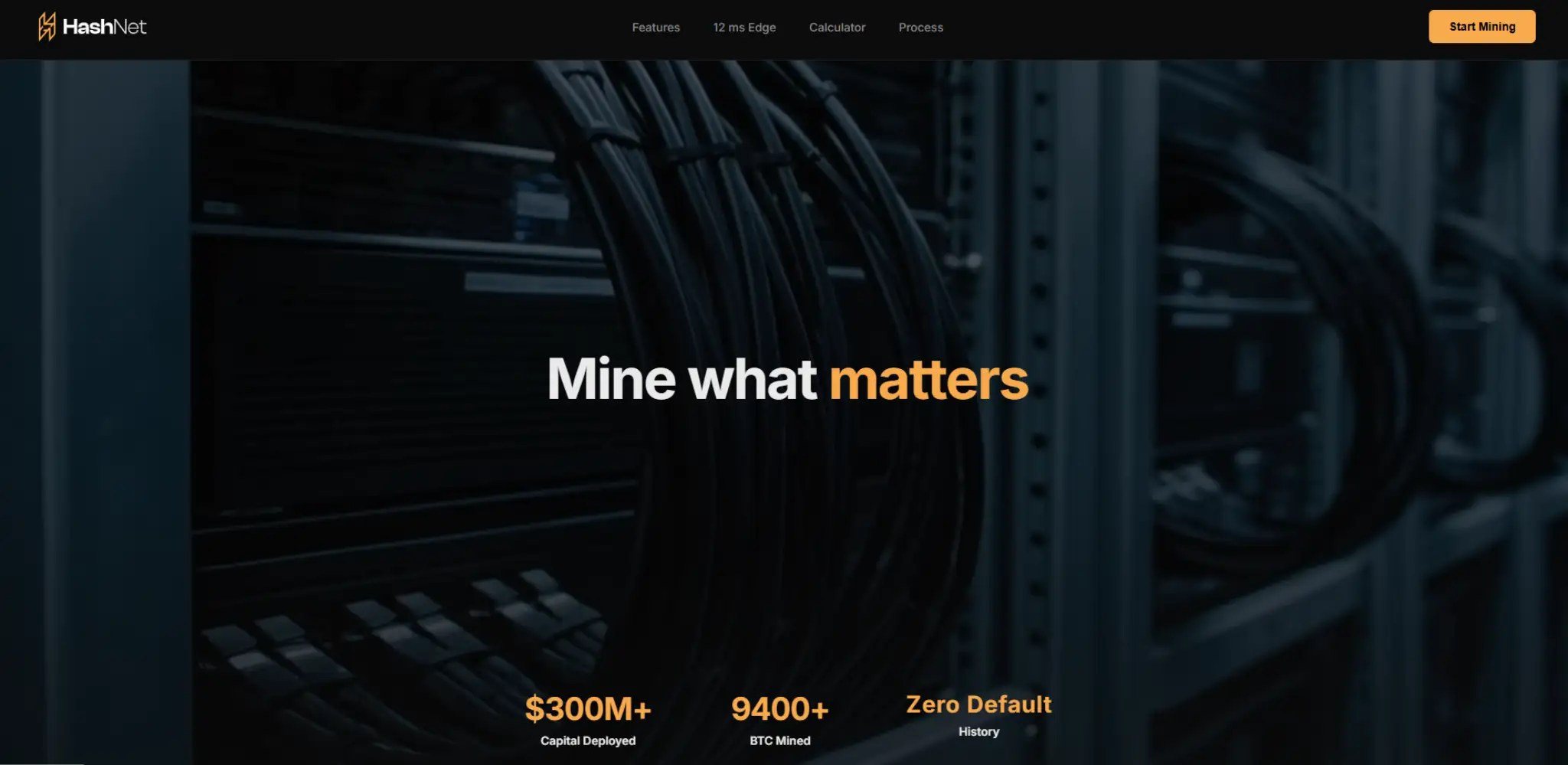 HashNet crypto mining platform dashboard showing mining infrastructure, performance stats, and capital deployment metrics