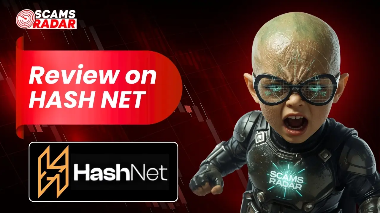 HashNet review image showing scam warning with Scams Radar branding and futuristic character highlighting risk