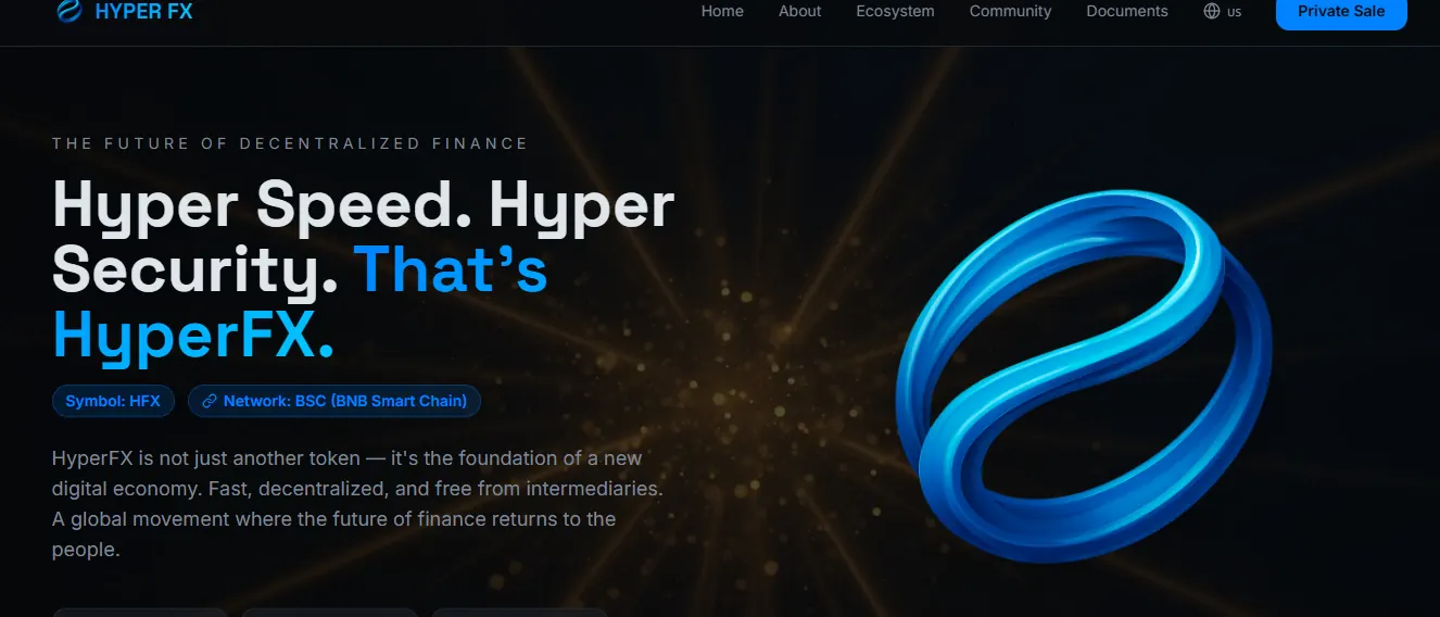 Hyper FX Review homepage screenshot showing token branding, BSC network details, and HyperFX logo