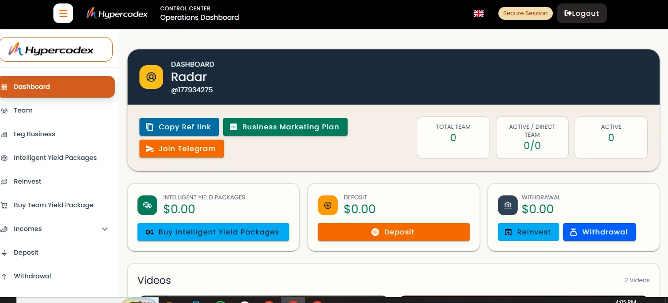 Hypercodex dashboard interface showing business statistics, deposit, withdrawal, and intelligent yield packages
