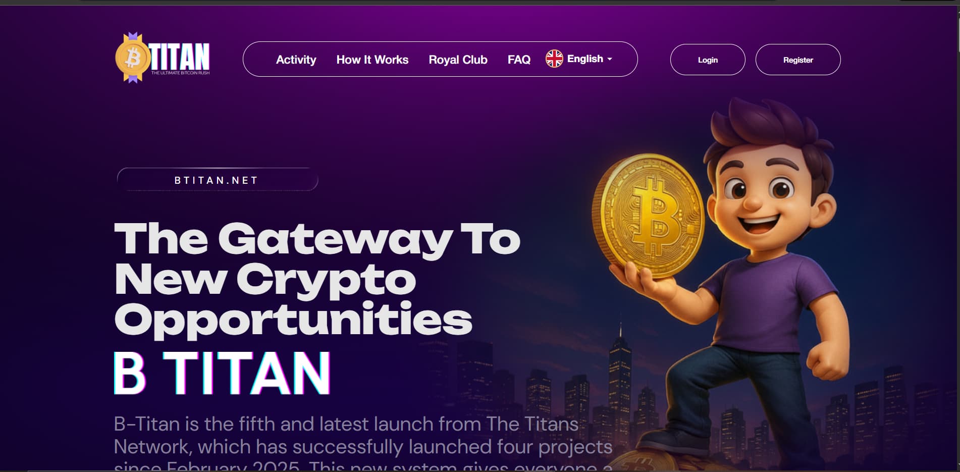 B-TITAN crypto platform homepage showing bitcoin investment opportunity in scam review analysis