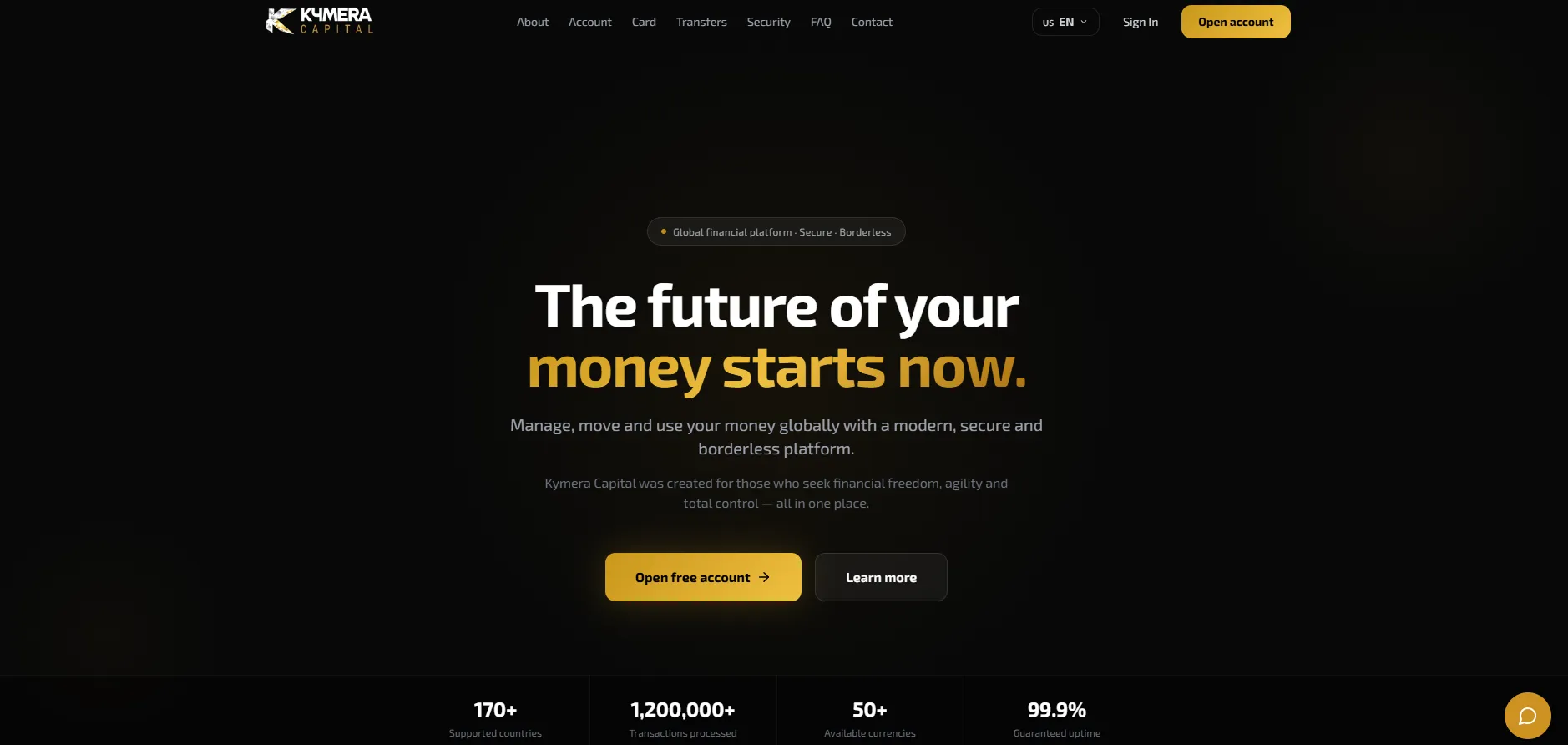 Kymera Capital website homepage showing financial platform features and account signup interface