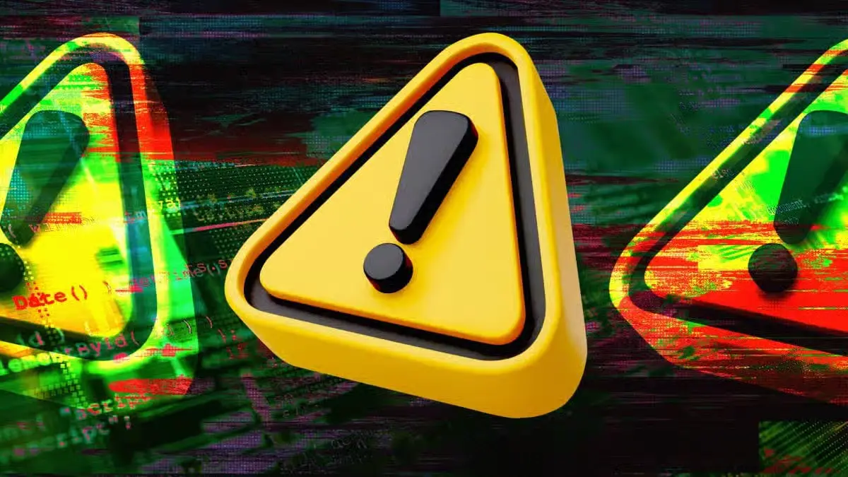 3D render image showing a yellow warning triangle exclamation mark against a digital matrix background with data glitch effects, symbolizing a Ledger wallet scam.