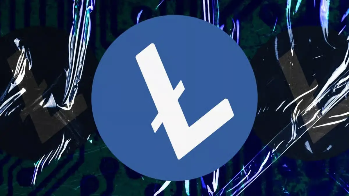 Litecoin crypto logo symbol on a blue circular background with abstract digital texture
