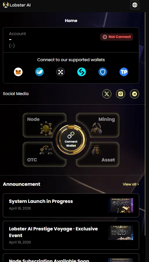 Lobster AI dashboard showing wallet connection options, mining, node, asset, and OTC features