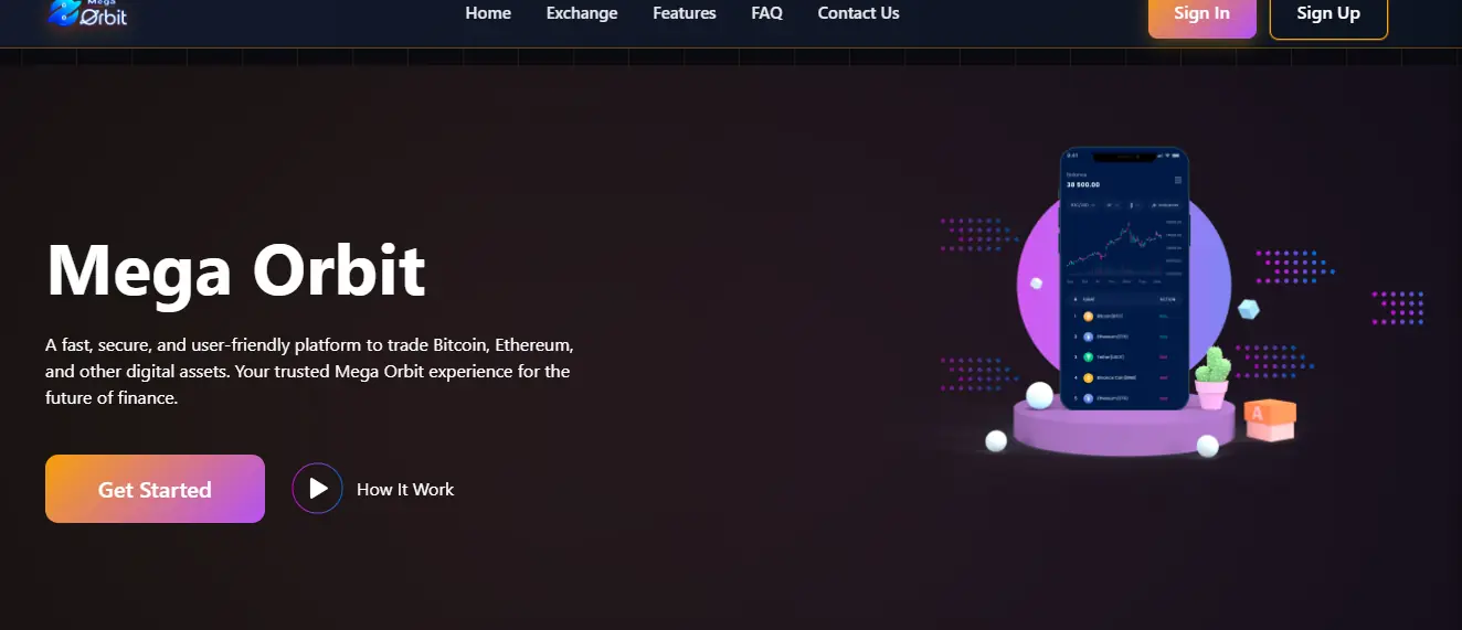 Mega Orbit trading platform dashboard interface showing crypto exchange features and user interface design