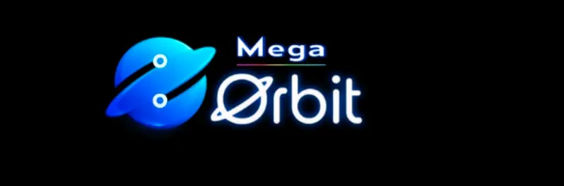Mega Orbit logo with futuristic blue orbit design on black background representing Mega Orbit Review platform