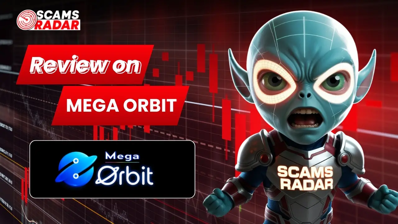 Mega Orbit Review scam alert thumbnail with red trading charts and Scams Radar character highlighting potential risks