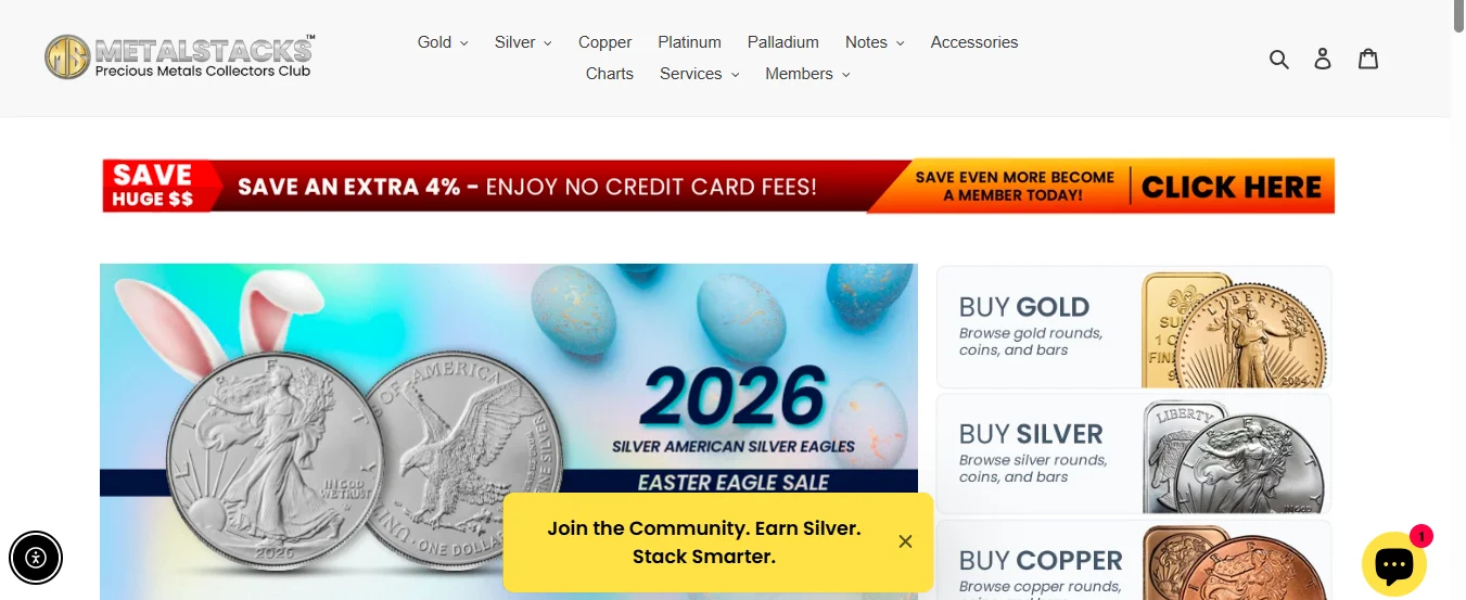 MetalStacks website with promotional banners and product categories for precious metals