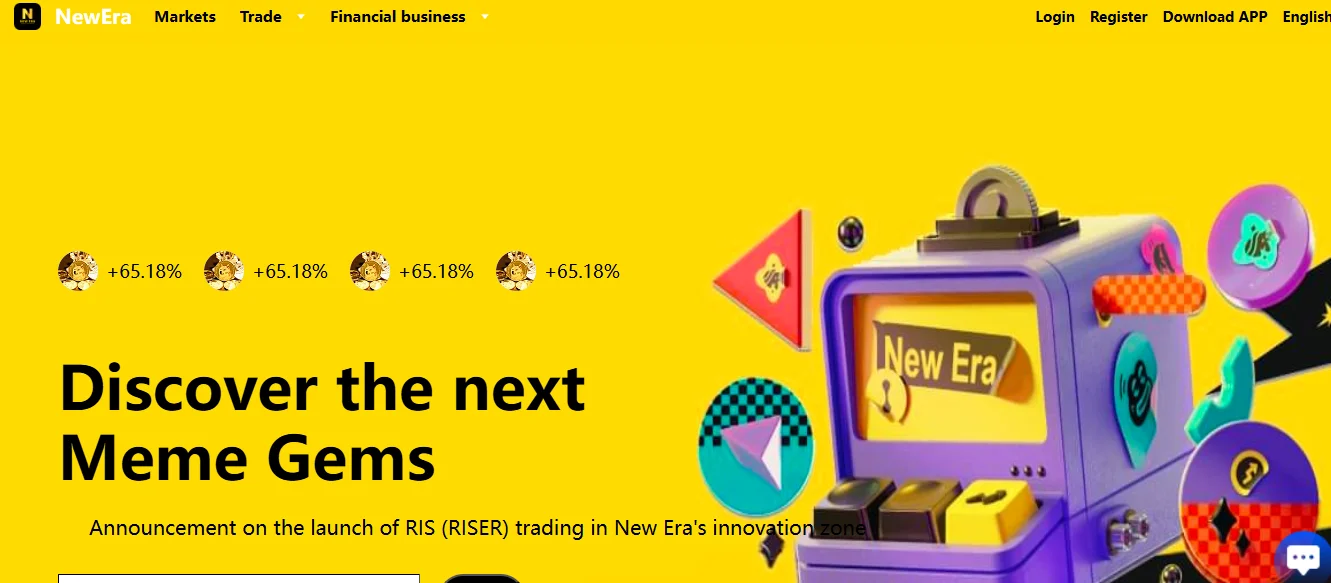 NewEra crypto platform homepage showing meme gems trading and RISER token launch announcement