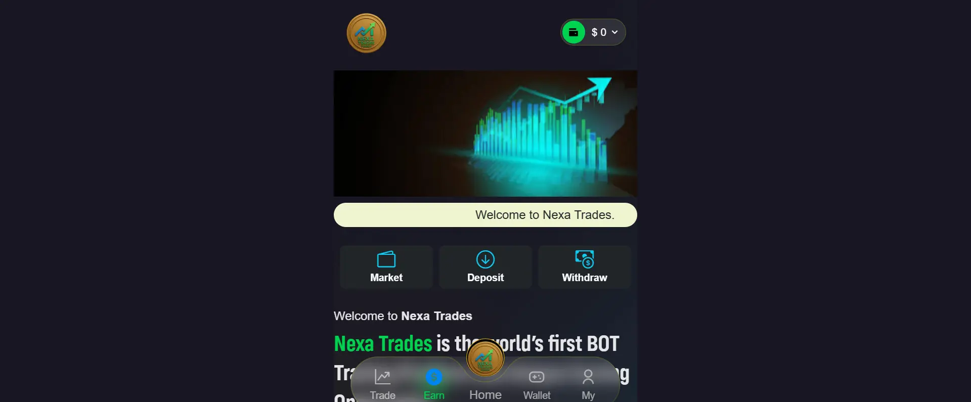 Nexa Trades mobile dashboard showing market, deposit, withdraw options and trading interface
