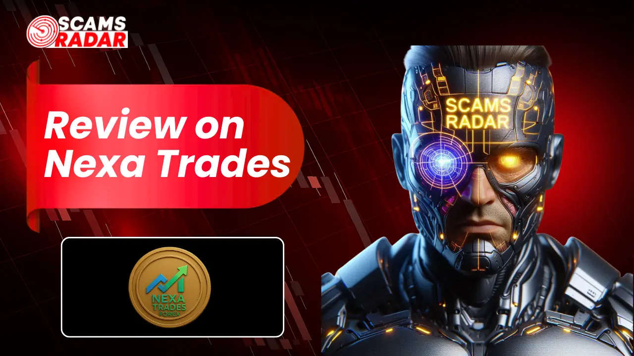 Nexa Trades review scam alert image with cyber robot face and trading chart background indicating potential forex scam