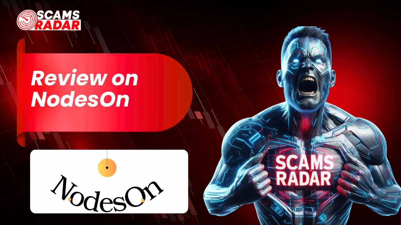 NodesOn review scam alert with red trading chart background and warning visuals about investment risks.