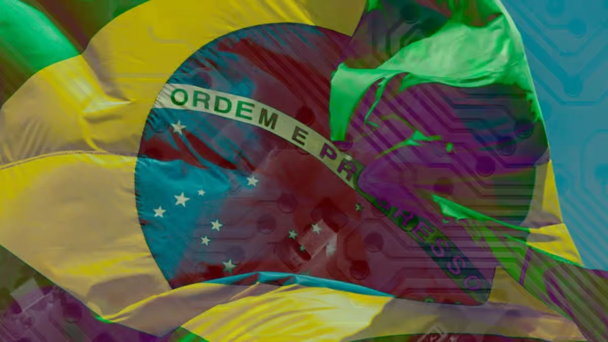 Brazilian flag with digital elements, representing tech and regulation
