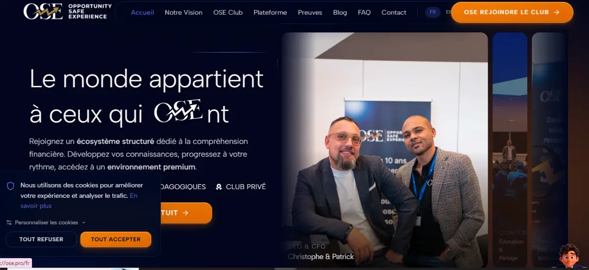 OSE Pro investment platform homepage showing branding, dashboard interface, and company representatives