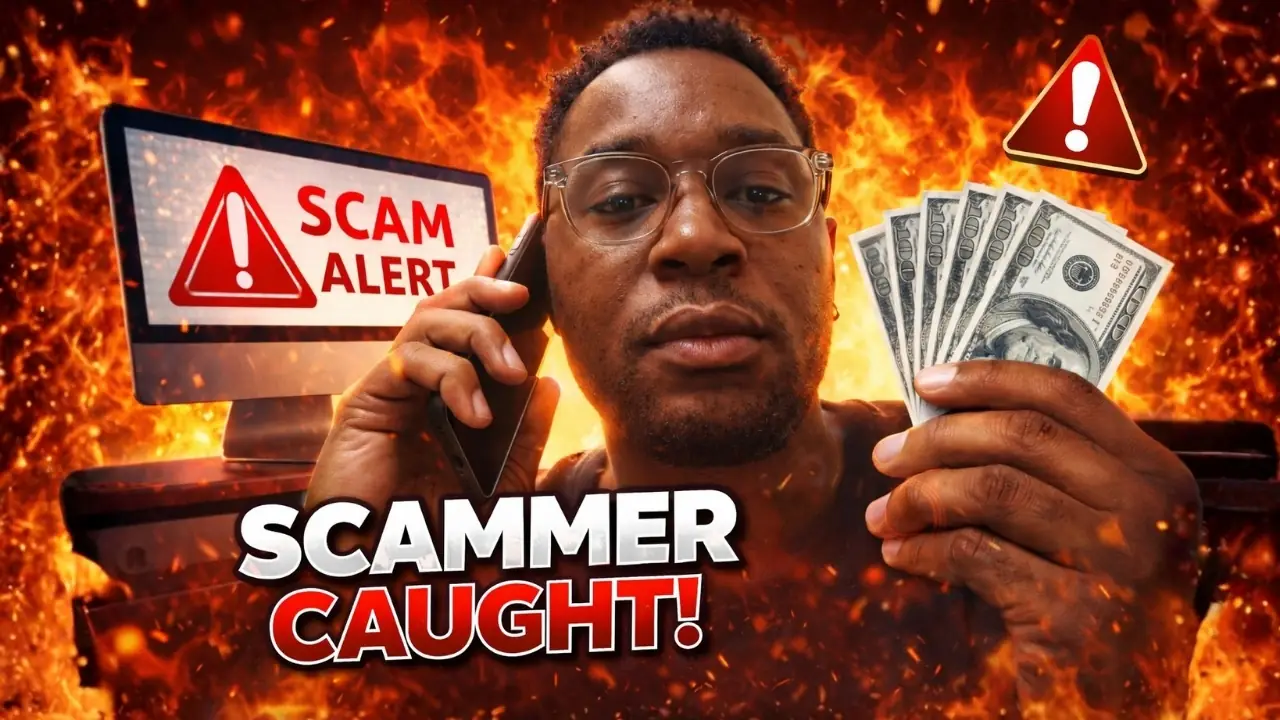 Man holding cash with scam alert screen in background showing online fraud warning and scammer caught concept
