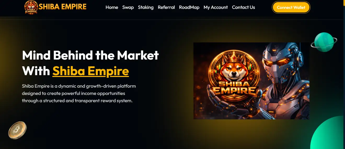 Shiba Empire platform dashboard showing crypto staking, rewards system and futuristic blockchain technology interface