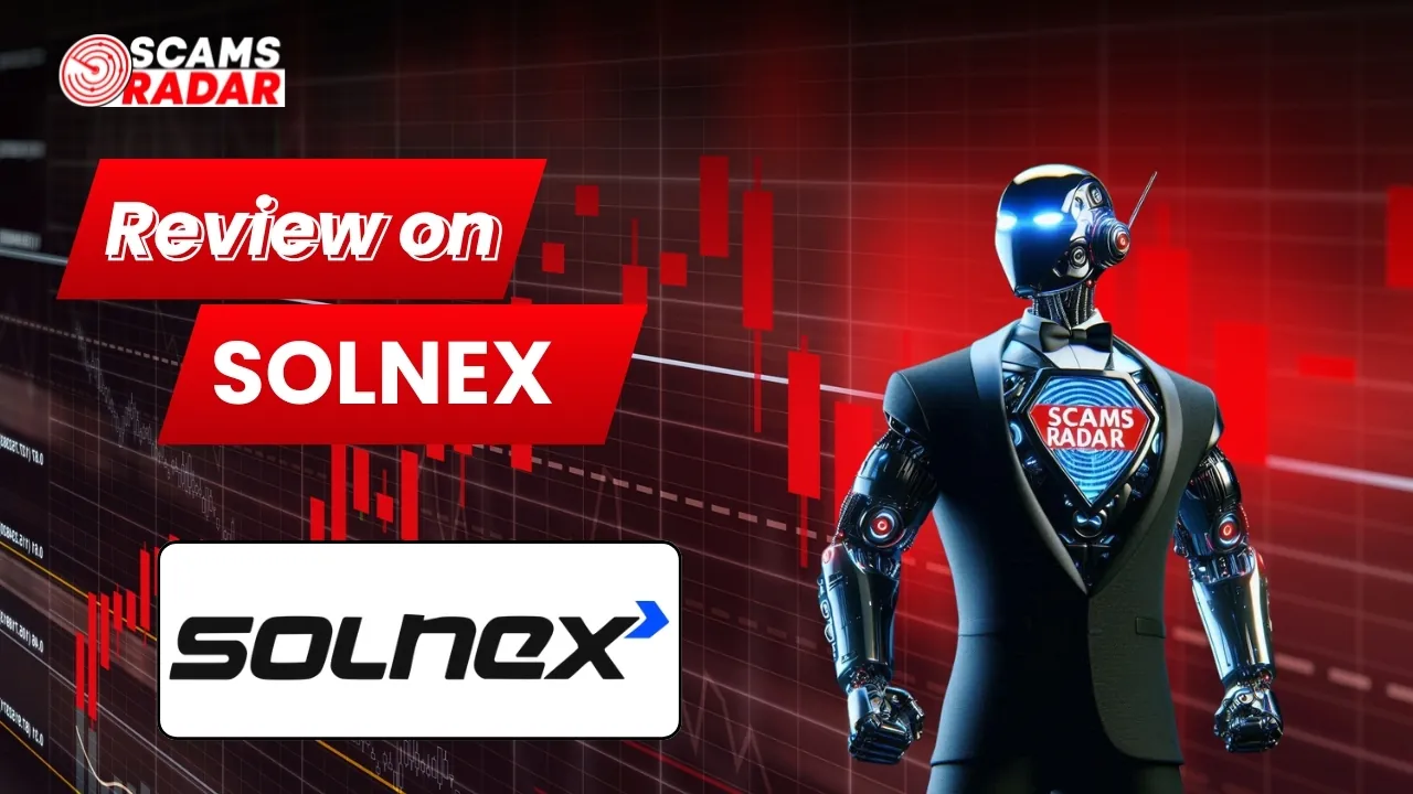 Solnex Review image showing scam analysis with AI robot and trading charts