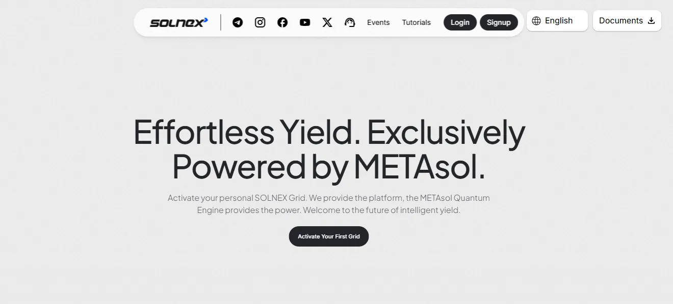 Solnex Review showing dashboard interface with METAsol yield platform and grid activation