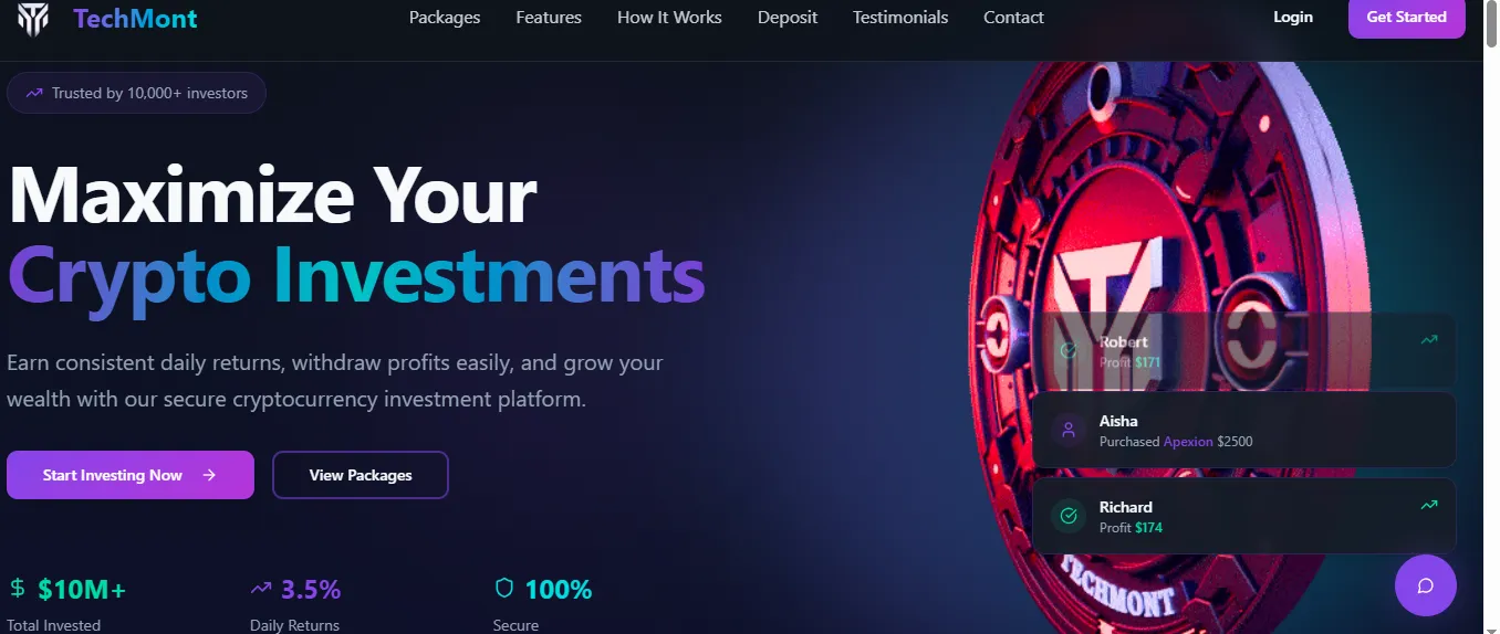TechMont platform offering consistent daily returns and secure cryptocurrency investment opportunities
