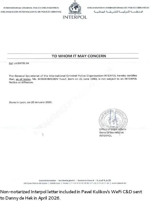 Interpol document referenced in WeFi case showing legal claims and controversy around Ponzi scheme allegations