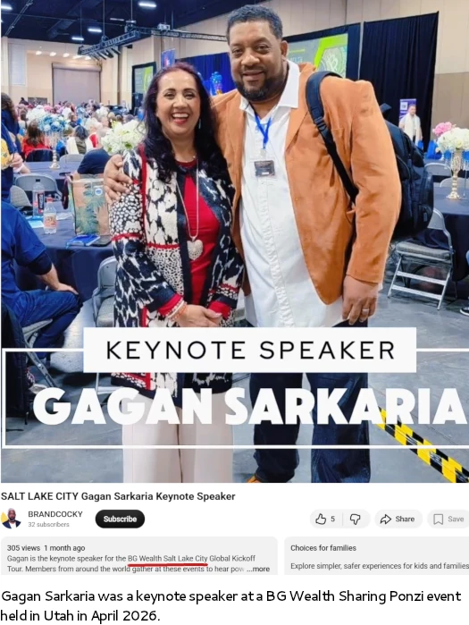 Screenshot of a YouTube video showing Gagan Sarkaria as a keynote speaker at the BG Wealth Sharing Salt Lake City global kickoff event in April 2026.