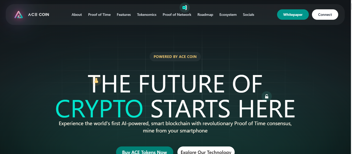 Ace Coin website landing page showing AI-powered smart blockchain features and Proof of Time consensus details.