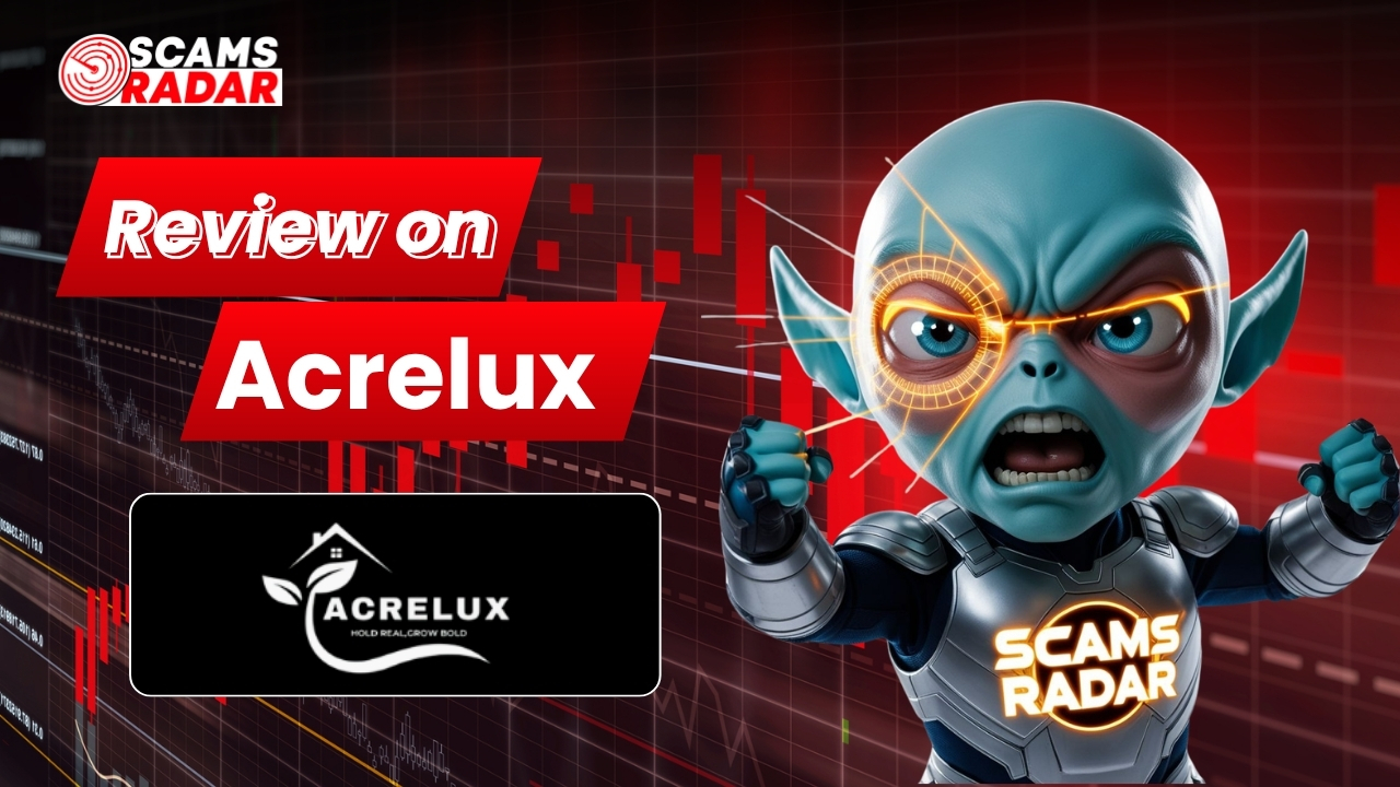 Review on Acrelux scam warning thumbnail by Scams Radar, featuring an angry blue alien mascot character wearing high-tech armor against a dark red financial market chart background.