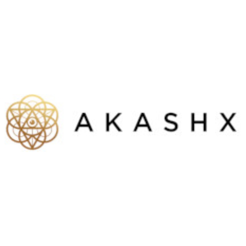 Akashx logo featuring a gold sacred geometry geometric emblem with an eye symbol in the center, next to clean black typography on a white background.