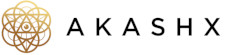 Akashx logo featuring a gold sacred geometry geometric emblem with an eye symbol in the center, next to clean black typography on a white background.