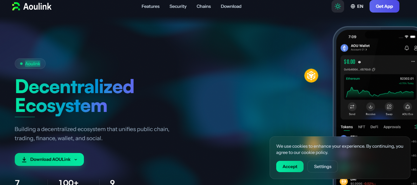 Aoulink website homepage showing decentralized ecosystem features, AOU wallet app preview, and cryptocurrency trading options