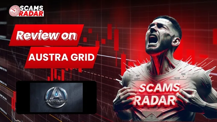 Austra Grid review thumbnail showing Scams Radar analysis with trading chart background and warning theme