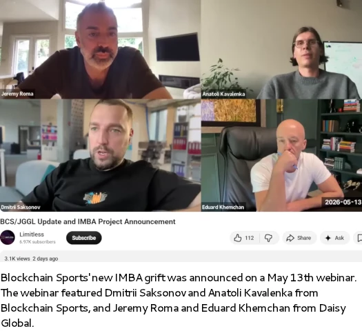 Webinar screenshot featuring Dmitrii Saksonov, Anatoli Kavalenka, Jeremy Roma, and Eduard Khemchan discussing the Blockchain Sports and IMBA project announcement.