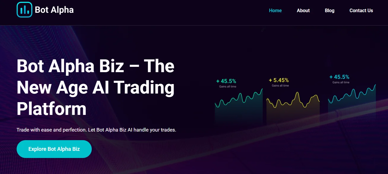Bot Alpha Review image showing the Bot Alpha Biz AI trading platform homepage with trading chart graphics and crypto-style design.
