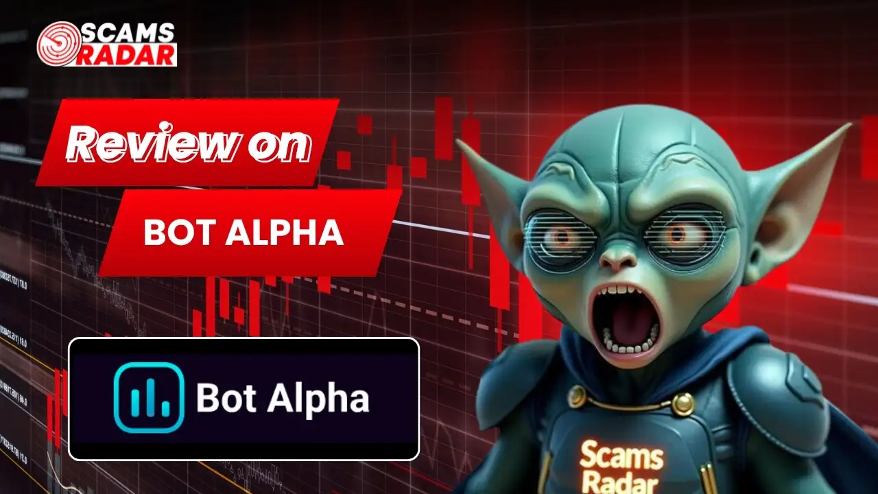 Bot Alpha Review thumbnail by Scams Radar showing a red crypto chart background, Bot Alpha logo, and scam review warning graphic.