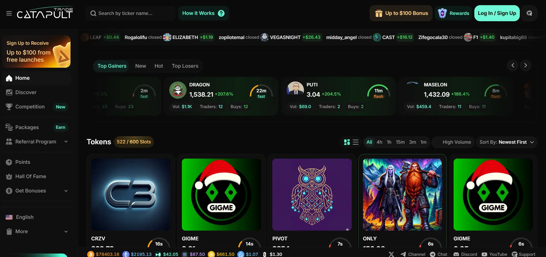 Catapult Trade platform dashboard showing top gainers, tokens, and live trading interface