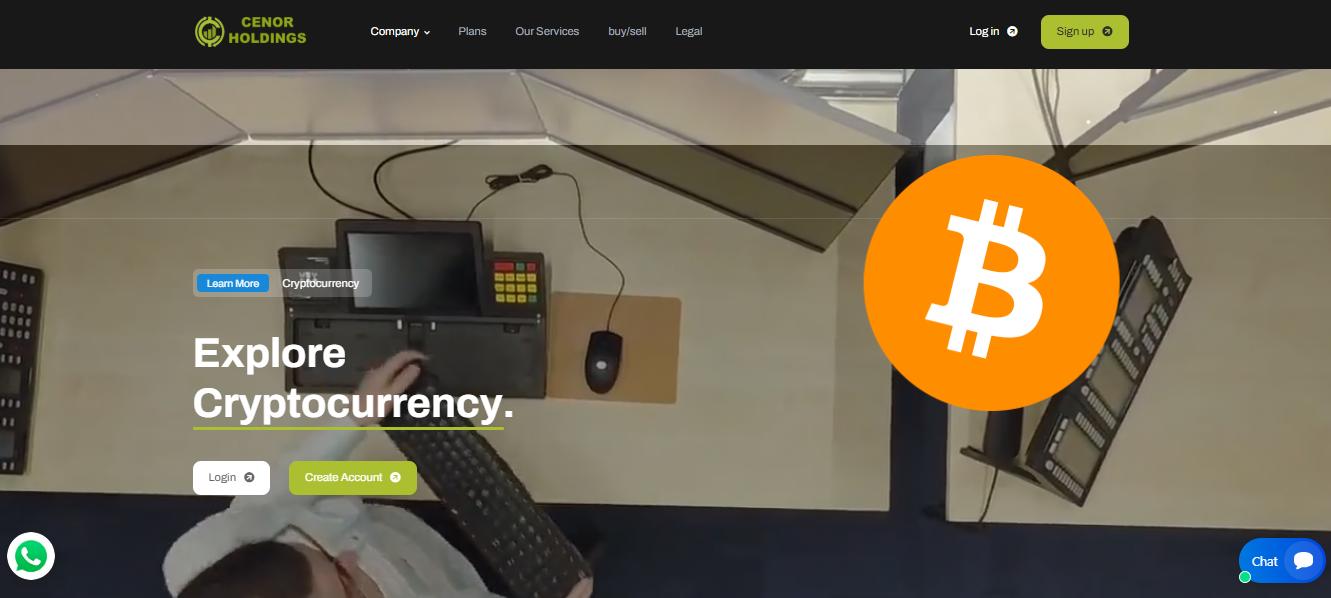 Cenor Holdings official website homepage showing cryptocurrency exploration dashboard and Bitcoin logo.