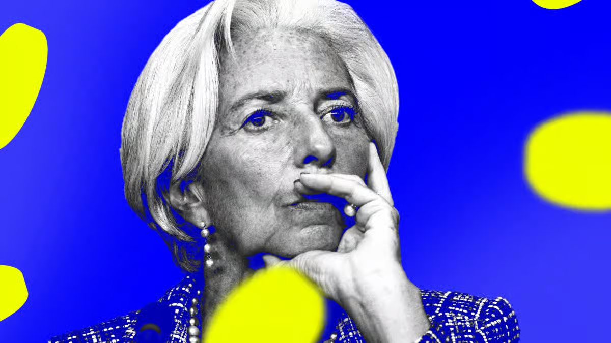 A high-contrast black and white portrait of Christine Lagarde thinking, set against a vibrant blue background with yellow abstract shapes.