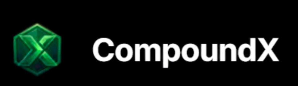 Official CompoundX logo featuring a metallic green 3D hexagonal icon with an embedded letter X next to the brand name in bold white typography on a clean black background.
