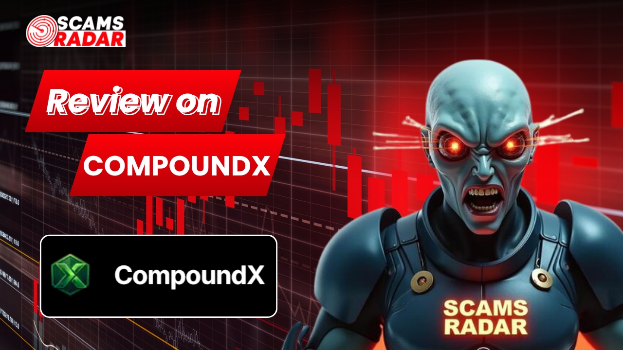 CompoundX review thumbnail by Scams Radar featuring a red trading candlestick chart background and an aggressive sci-fi character illustration to highlight potential investor risk.