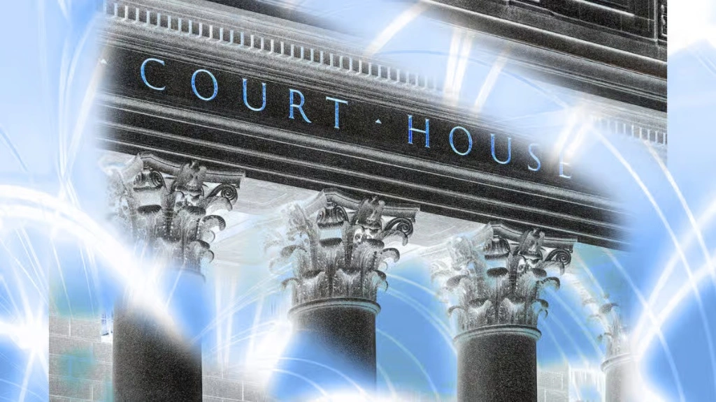 A digital illustration of a majestic court house building with classical columns and a glowing blue light overlay, representing law and justice.