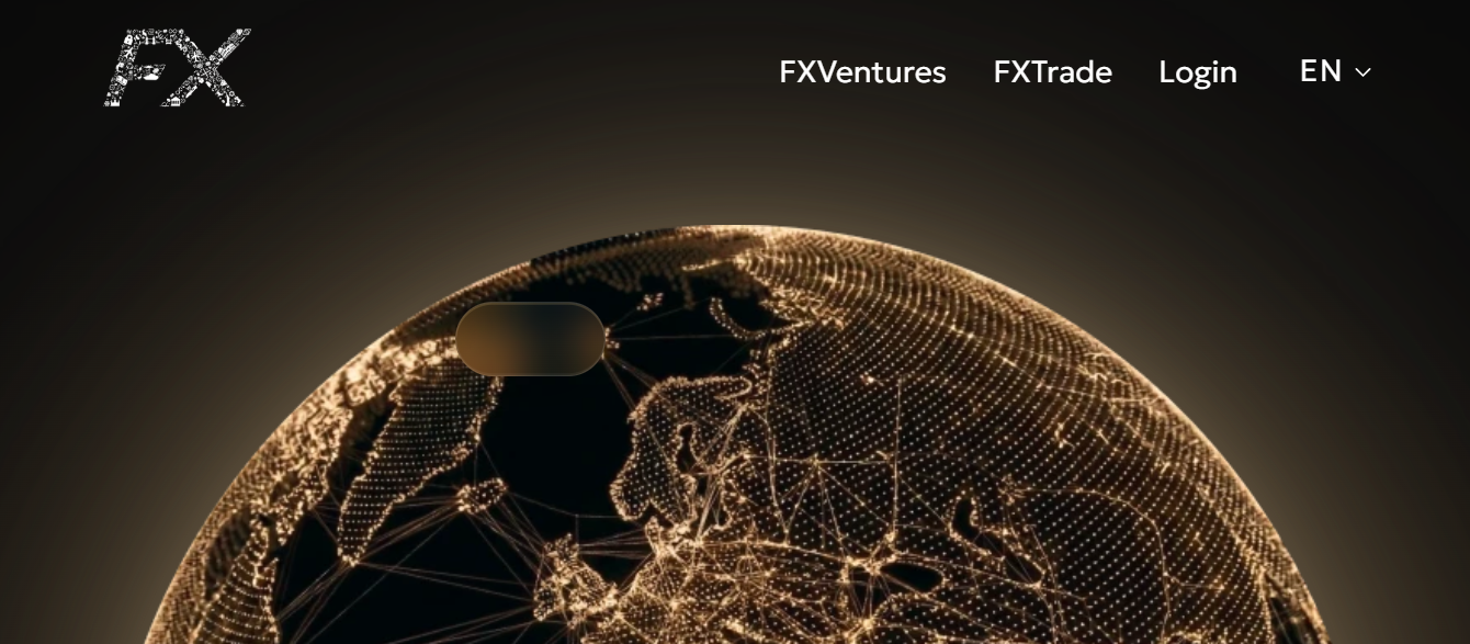 A professional website header featuring the FX logo with navigation links for FXVentures and FXTrade, displayed over a glowing digital globe representing a global financial network.