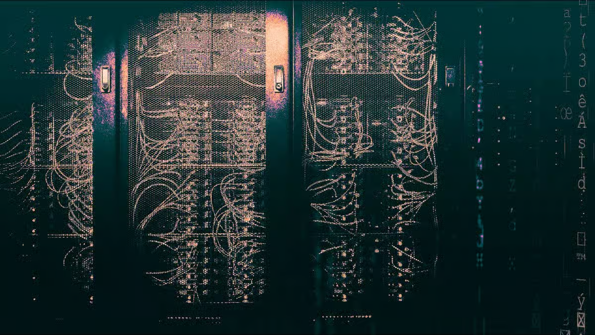 A low-light, abstract cyberpunk-style photograph of dark server racks with intricate wiring, featuring overlapping glowing neon green and pink code sequences.